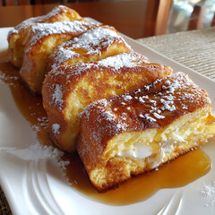 Delicious Sweet Dessert: Fluffy Egg Custard with Syrup and Powdered Sugar - Gourmet Homemade Breakfast Treat