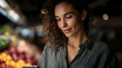 Woman scanning groceries with an app for calorie tracking in a kitchen setting