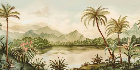 Wallpaper serene tropical landscape painting in pastel tones	
