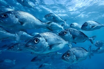 Naklejka premium Underwater sea photo of school of silvery fish in open ocean – Generative AI