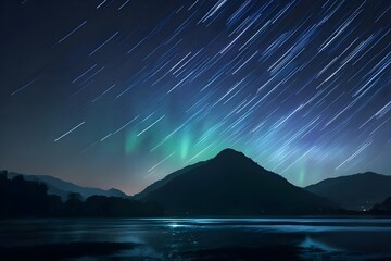 Long exposure photo of star trails and aurora over mountain lake &mdash; Generative AI