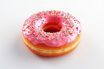 A delicious donut with pink icing and rainbow sprinkles