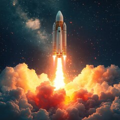 Rocket Launching Into Space Amidst Colorful Clouds and Cosmic Background in Futuristic Scene