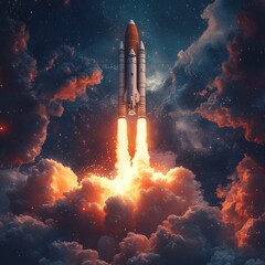 Dramatic Launch of a Space Rocket Into the Deep Cosmos Surrounded by Colorful Clouds and Stars