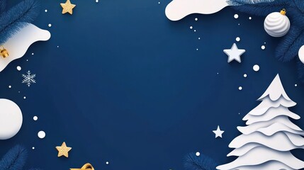 Naklejka premium Elegant Christmas Flat Lay: Festive Blue Background with 3D Paper Ornaments