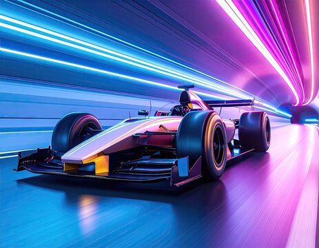 Futuristic race car in a neon tunnel - Powered by Adobe