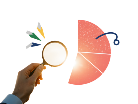 Focus on the Details: A hand uses a magnifying glass to analyze a pie chart, symbolizing research, data, and the drive for insights, with emphasis on analysis and the drive for deeper understanding. 