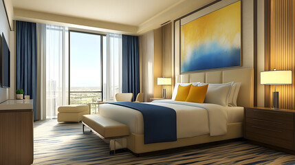 Modern bedroom with blue and yellow geometric accents and natural light