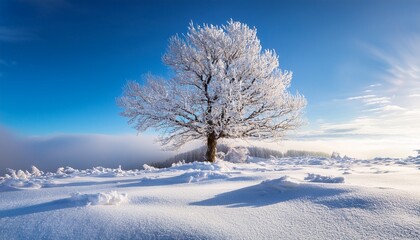 Obraz premium a snowy winter landscape with a lone tree covered in frost surrounded by a blanket of snow the tree stands stark and serene against the snow covered expanse with soft winter light filtering through
