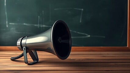 Close-up of a megaphone on wood with blackboard, symbolizing communication and ideas.