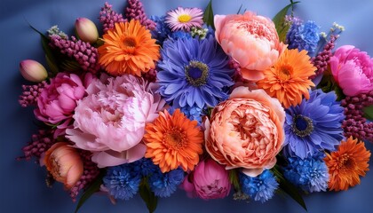 vibrant bouquet of colorful flowers featuring pink peonies orange daisies and blue blossoms perfect for celebrating special occasions and expressing joy this artistic arrangement captures