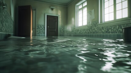Flooded hallway waterlogged chairs and doors in dimly lit corridor, textured wallpaper background