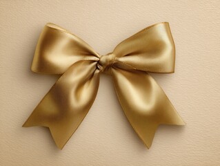 Golden satin ribbon bow on beige background