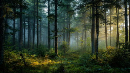 Fototapeta premium Misty fog forest sunrise, pine trees, shadow green hills.