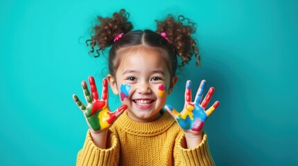 A smiling girl with curly pigtails, painted hands and face, in a knitted sweater on a turquoise background