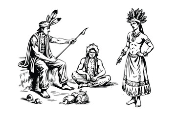 Native American Figures Vector Engraving Set. Detailed Monochrome Tribal Character Illustrations. Vintage Stipple & Hatching Style Icons & Symbols