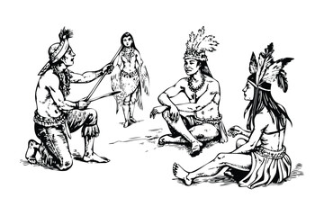 Native American Figures Vector Engraving Set. Detailed Monochrome Tribal Character Illustrations. Vintage Stipple & Hatching Style Icons & Symbols
