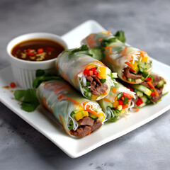 Fresh Spring Rolls with Vietnamese Cuisine: Rice Paper and Herbs Appetizer Featuring Crunchy Vegetables and Homemade Dipping Sauce for a Healthy, Vibrant Snack