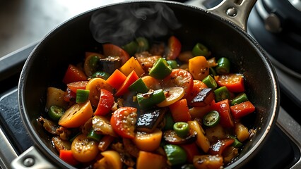 Close-up of sizzling vegetables in a frying pan, captured with vibrant colors and overhead lighting.
