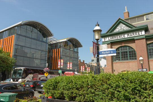 wide view capturing both St Lawrence Market North Building and facade detail with sign of South Building at Market St and Front St E, Toronto 