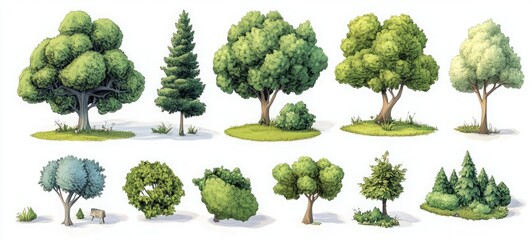 Collection of Various Tree Illustrations in Different Shapes and Designs for Nature and Environment Themes