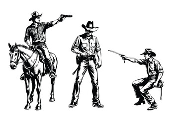 Cowboy Figures Vector Engraving Set. Detailed Monochrome Wild West Character Illustrations. Vintage Style Icons & Symbols
