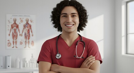 A smiling male healthcare professional with curly dark hair, dressed in red scrubs and a stethoscope, stands confidently with arms crossed in a bright medical office.