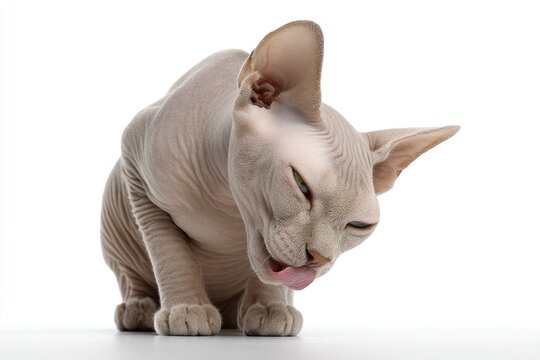 Light gray sphinx cat licking its fur.