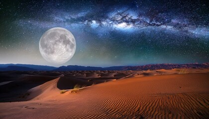 stunning desert landscape under starry night sky with full moon and milky way in background