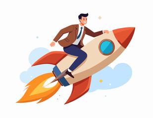 Cheerful Businessman Riding on Launching Rocket Through Cloudy Sky Vector Illustration with Fire Flames Brown Suit