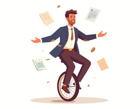 Cheerful Businessman Balancing on Unicycle Surrounded by Flying Papers in White Background Flat Illustration