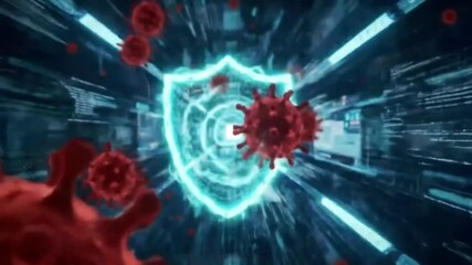 Coronavirus cells surround a glowing, futuristic shield with digital data displays in the background - Powered by Adobe