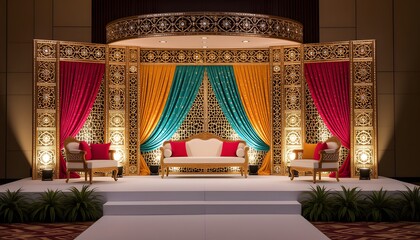 Traditional Gujarati wedding stage with mirror work panels and vibrant textile backdrops