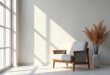Fototapeta premium Minimalist interior design scene with a modern grey armchair placed in a sunlit corner next to pampas grass, creating a serene and peaceful atmosphere. 