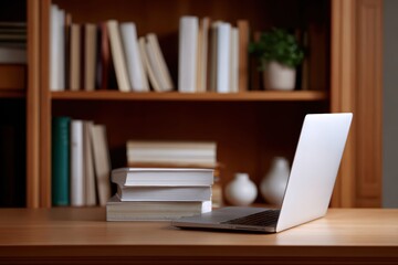 Cozy home office background with bookshelves and laptop on desk
