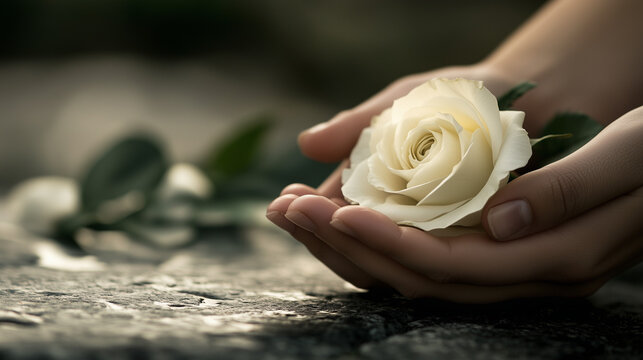 Hands releasing a white rose on a stone surface, concept of Holocaust  