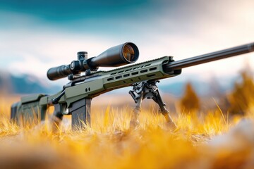 Hunting rifle positioned in a field.