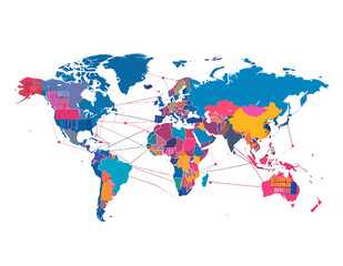 Obraz premium Colorful World Map with Dot Connections Depicting Global Network and International Business on White Background