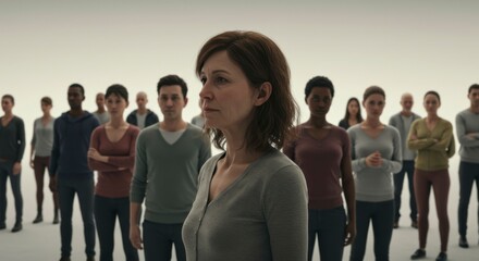 Obraz premium A woman stands before a diverse crowd, her expression pensive against a stark white backdrop. The scene suggests anticipation or uncertainty