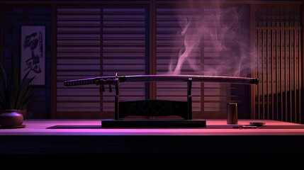 A katana, bathed in purple light, rests on a stand in a stylized Japanese room