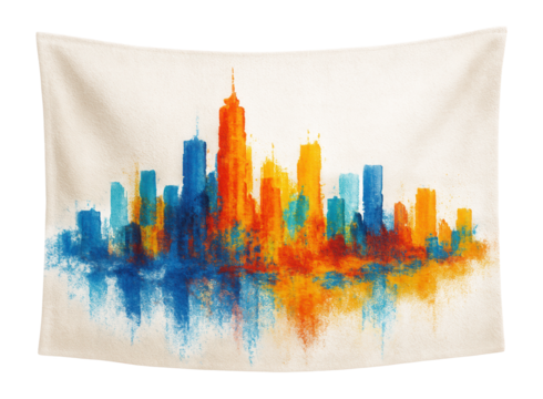 A tapestry with a colorful abstract city skyline, used as a vibrant backdrop in a modern coworking space.