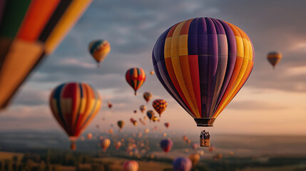 Fototapeta premium Hot Air Balloon Festival: A breathtaking collection of vibrant hot air balloons fills the sky at sunset, creating a magical spectacle of color and wonder.