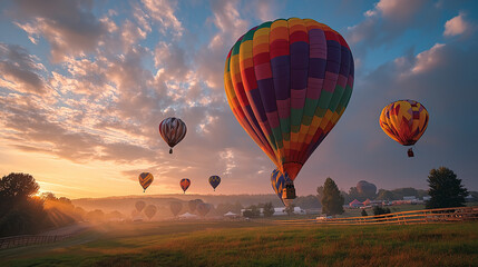 Naklejka premium Soaring Heights: A mesmerizing scene unfolds as a squadron of vibrant hot air balloons ascend gracefully against the backdrop of a sun-kissed sky and lush green landscape.