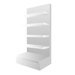 Retail shelf mockup with empty gondola model shelves without products. 3D illustration of shelves without background