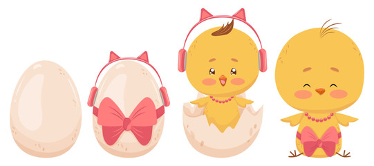 Stages of female chick from egg to baby. Set of isolated elements egg, egg with red bow, yellow chick in shell, young bird. Simple cute anthropomorphic characters for children's design and decor