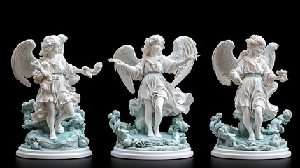 Three cherubic sculptures on pedestals.