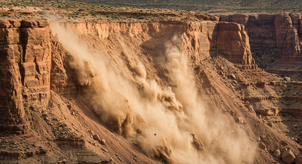 Powerful rockslide cascades down a rugged desert cliff, creating a dramatic cloud of dust and debris.