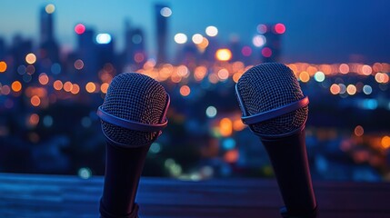 Two Microphones on a Wooden Surface with City Lights in the Background at Dusk