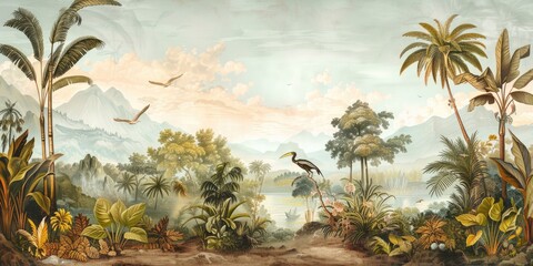 Wallpaper serene tropical landscape painting in pastel tones	
