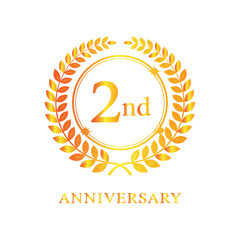 Golden laurel wreath emblem with second anniversary text isolated on white background